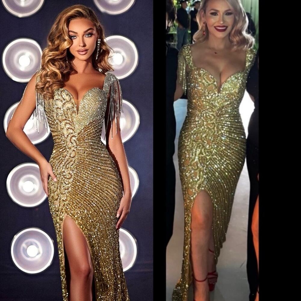Portia and Scarlett Gold Beaded Sequin Crystal Formal Dress Size 12 NWT